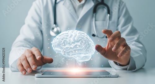Doctor Examining 3D Brain Hologram for Medical Assessment