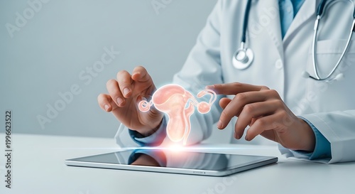 Doctor using tablet with 3D uterus hologram for medical assessment
