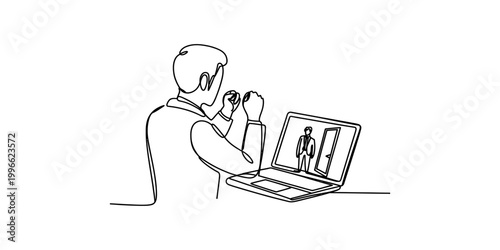 Continuous single line drawing of a hiker with a backpack walking up a mountain with a trekking pole Vector, illustration