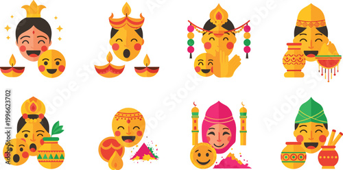 Indian festival celebration icons vector set with Diwali Holi cultural elements lamps colors and traditional characters for festive greeting and marketing design