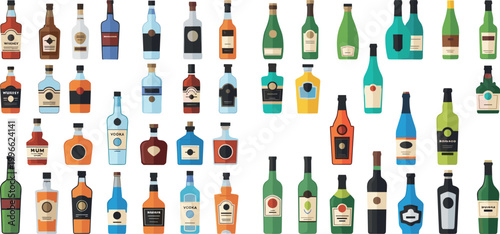 Vibrant Bar Beverage Bottles Set with Different Spirits Wine and Cocktail Ingredients