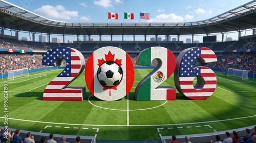 2026 Soccer Event Countdown with Flags of Canada, the USA, and Mexico in Stadium Setting