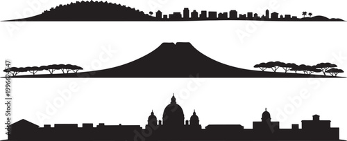 Black silhouettes set of diverse city skylines volcano and natural landscape with trees over background