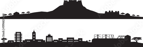 Black silhouettes set of european fortress and generic city skyline featuring stadium and church tower