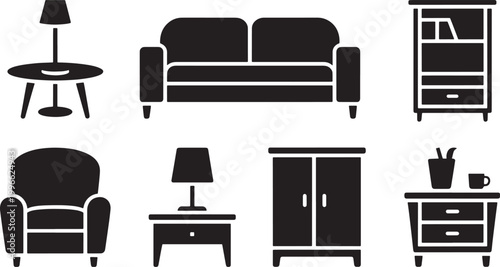 Furniture interior black icon set with couch table armchair cabinet lamp bookshelf for house