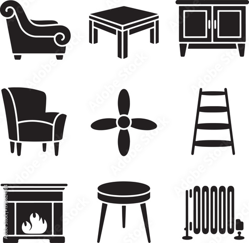 Home furniture and appliance silhouettes including chair table cabinet fan fireplace and heater