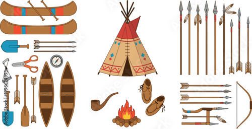 Vintage Style Indigenous Outdoor Adventure Icons Teepee Bow Arrows Snowshoes and Canoes
