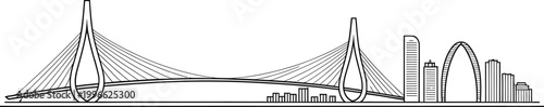 Modern cityscape skyline vector illustration with suspension bridge and skyscrapers