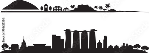 Modern metropolis skyline with famous marina bay hotel silhouettes and tropical island scenery