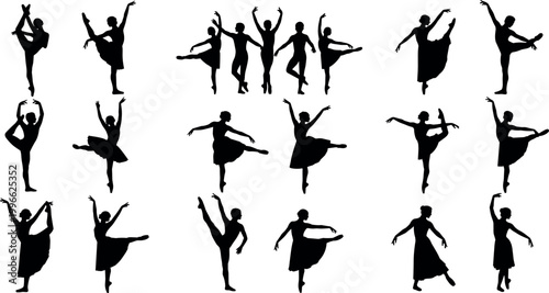 Artistic Black and White Ballerina Silhouette Icons Assorted Ballet Poses and Gestures