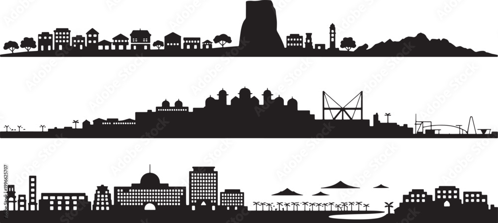 Obraz premium Silhouette skyline vector set of various cities showcasing iconic buildings and landmarks