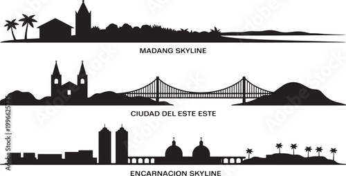 South american city skyline silhouettes including madang and encarnacion with famous bridges