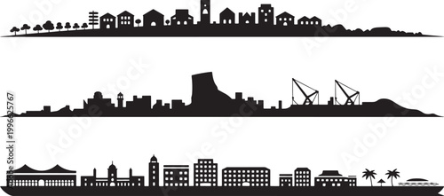 Suburban and industrial city silhouettes with residential houses harbor cranes and public plazas