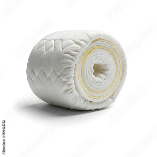 Rolled White Mattress on White Background