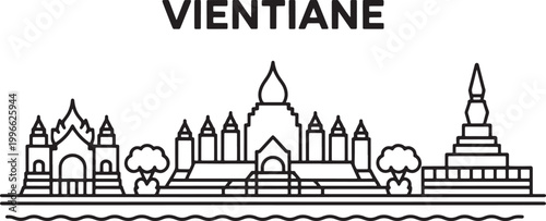 Vientiane skyline vector illustration with buddhist temples and traditional laotian architecture