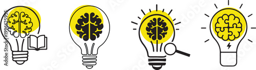 Smart Idea Brain Icons. Brain Light Bulb Idea Icons. Creative, generating idea, solution , knowledge, lamp .Brainstorm Concept Line Icons vector.