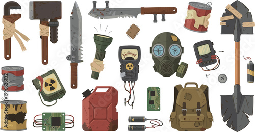 Post apocalyptic survival gear vector set with gas mask tools weapons backpack fuel can and rugged equipment for disaster and wasteland themed design