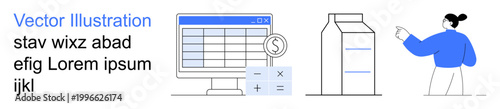 Financial planning, e-commerce, data analysis, accounting systems, product management, business concepts. Screen with data tables, milk carton and a person pointing. Financial planning