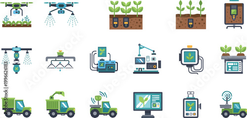 Smart farming technology icons vector set with drones irrigation sensors tractors and crop monitoring systems for precision agriculture and agritech solutions