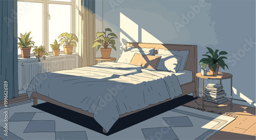 Bild auf Leinwand A serene bedroom with plants on the windowsill and beside the bed