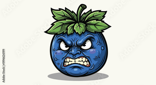 Photography Angry Blueberry Character with Green Leaves and Fierce Expression