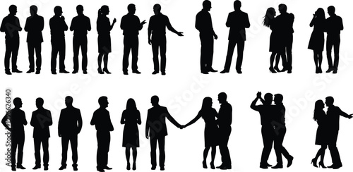 Black silhouette collection of people and couples standing talking and dancing in various social poses isolated on white background for design
