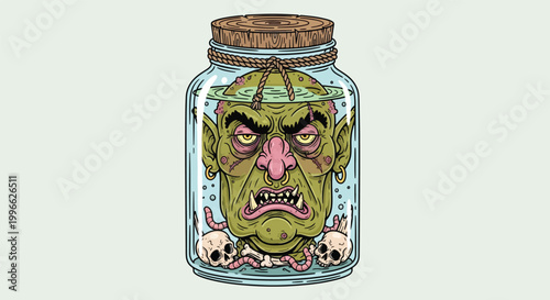 Illustration of a Goblin Head Preserved in a Jar.