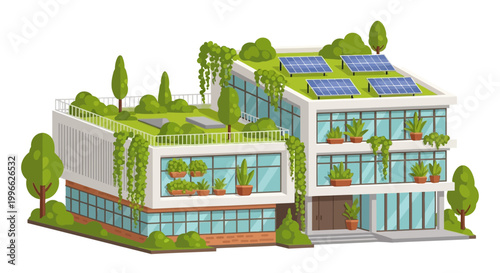 Eco-Friendly Office Building with Hanging Plants and Solar Power