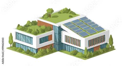Modern Residential Building with Photovoltaic Solar Panels and Grass Roof