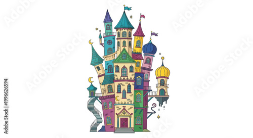 Whimsical Hand-Drawn Colorful Magic Castle with Tall Towers