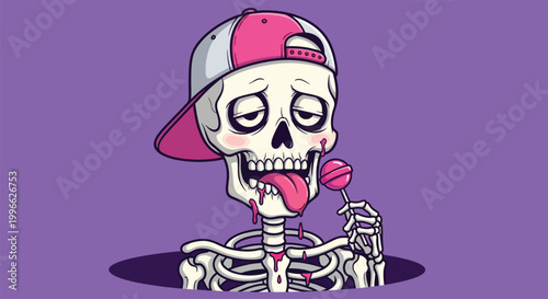 Skeleton Wearing a Baseball Cap Eating a Lollipop.
