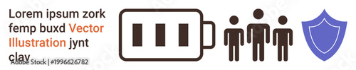 Technology, security, sustainability, power management, data protection, teamwork. Battery icon, group of people and shield symbol. Technology and security for modern solutions
