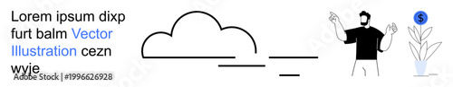 Cloud storage, financial success, business strategies, personal growth, environmental care, creative problem-solving. A cloud, person gesturing and plant with a dollar sign. Cloud storage