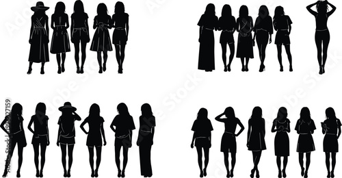 Black silhouette of diverse stylish women standing in groups, fashion models posing together, female teamwork concept, isolated on white background