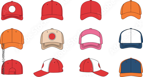 Baseball cap collection with various styles and colors for casual fashion, sportswear, and headwear accessory illustration design
