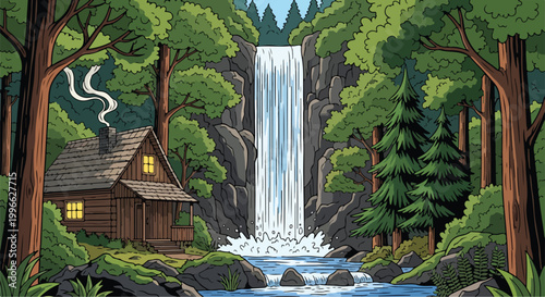 A serene cabin beside a waterfall surrounded by lush trees