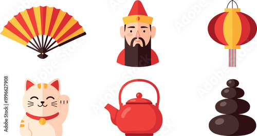 Cartoon Oriental Elements Collection Maneki Neko Folding Fan Red Lantern and Stacked Stones