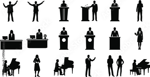 Black silhouette set of professional people speaking at podium playing piano and working at desk isolated on white background design
