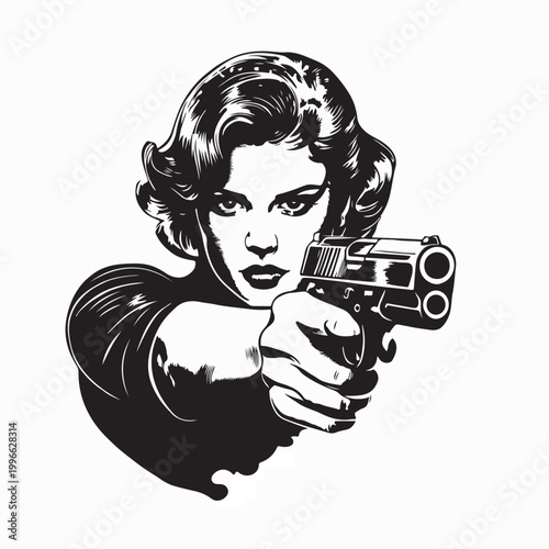 Stylized Retro Woman with Pistol Vector Action Illustration
