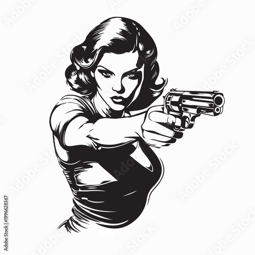 Retro Woman Aiming Pistol Vector Illustration Vintage Style