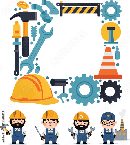 Construction Worker Characters Set with Industrial Tools and Equipment Frame
