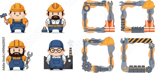 Set of Cute Construction Worker Characters and Mechanical Tool Frame Borders for Industrial Labor Day Design