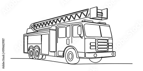 Black and white line art drawing of a fire truck with an extended ladder for children coloring book page Vector, illustration