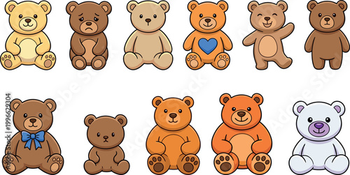Collection of Cute Teddy Bears in Various Colors and Poses Cartoon Vector Illustration