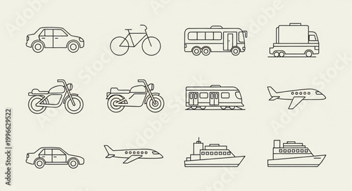 Various Vehicles Line Drawings Collection.