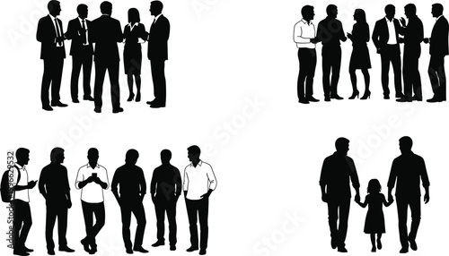Black silhouette collection of business groups talking casual people standing and a family walking together isolated on white background for design
