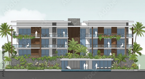 Tropical Resort Apartment Facade Elevation with Terraced Landscaping, Balconies and Pool Deck CAD Illustration
