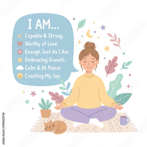Serene young woman meditating with a cat on a yoga mat surrounded by plants and affirmations in a peaceful indoor setting with soft colors.