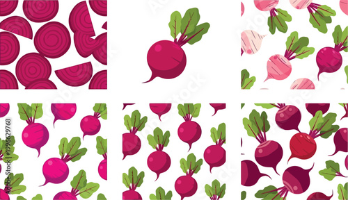 Beetroot seamless pattern with fresh vegetables slices and leaves organic food background healthy nutrition vector illustration design