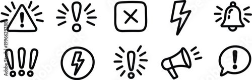 Attention, doodle icon set with hand drawn caution warning marks and alert symbols, exclamation and error signs, vector illustration design.